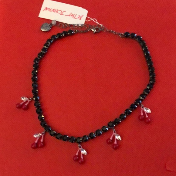 Betsey Johnson Hematite Tone Black Crystal Tennis Necklace Cherry Charms NWT - Picture 2 of 12